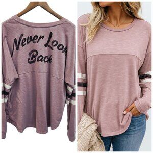 Maurices Purple Graphic Long Sleeve Varsity Stripe Top XL “Never Look Back”